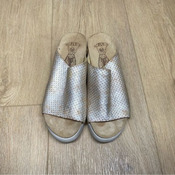 Fly London Whin Metallic Perforated Leather Wedge Sandals - Picture 2 of 7